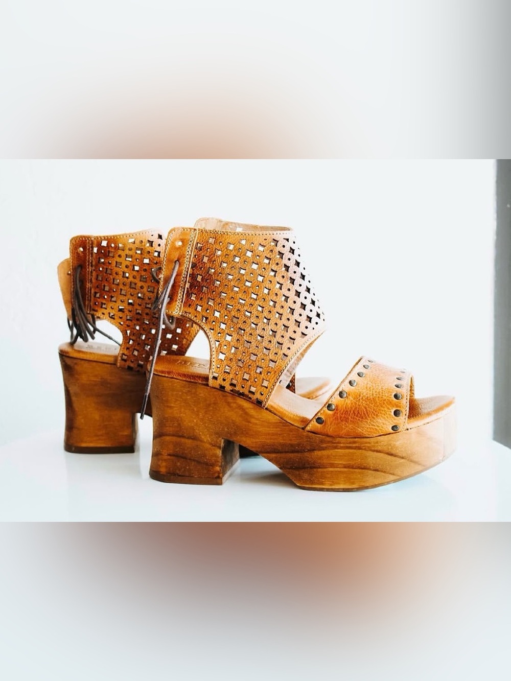 Bed Stu Cognac Leather Cutout Platform Heels
